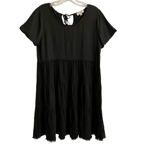 Umgee Dress Women Size Small Black Linen Blend A-Line Short Tiered Raw Hem B… - Picture 1 of 8